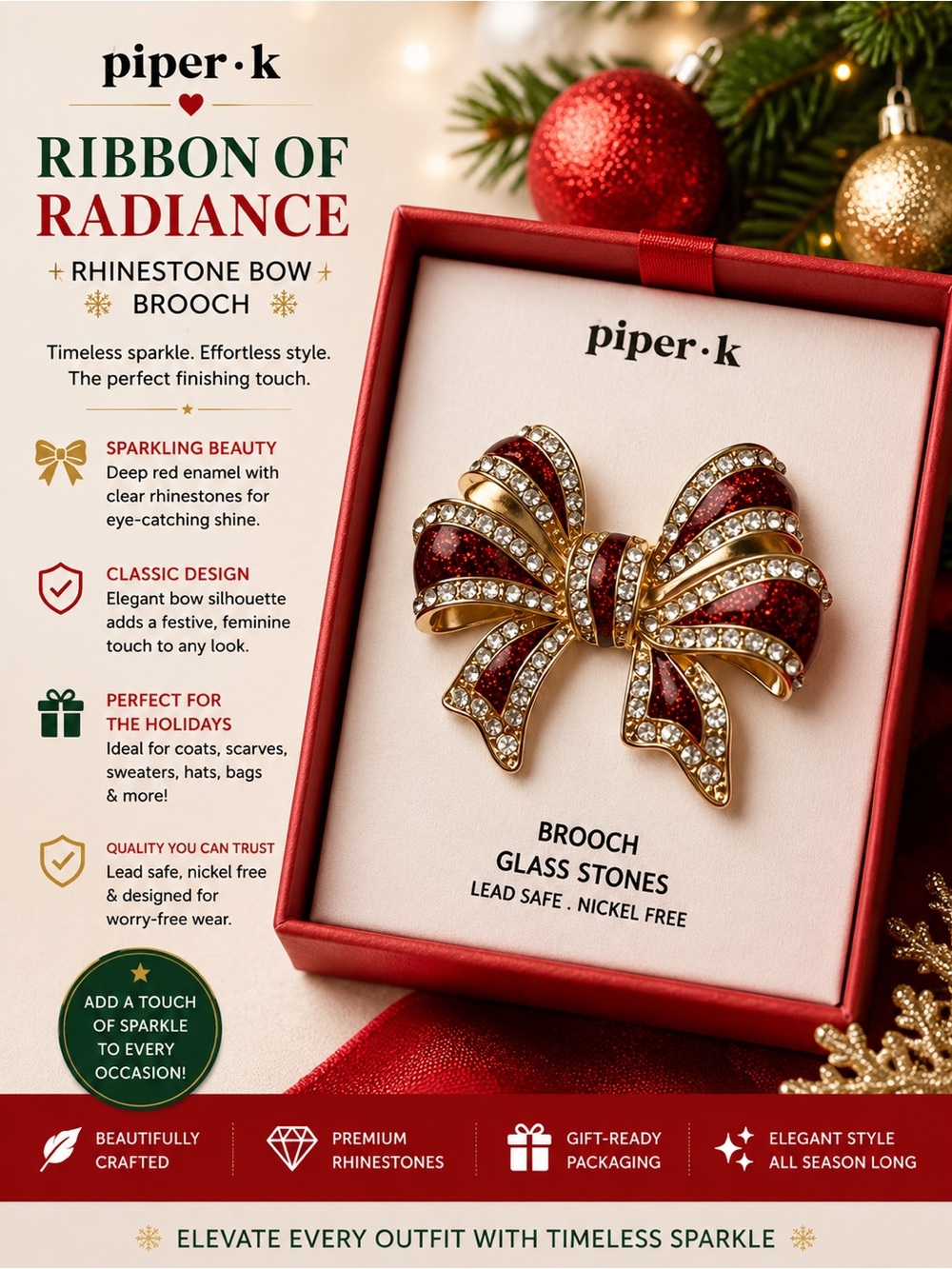 Piper·k Gold-Tone Red Enamel Bow Brooch with Rhinestones
